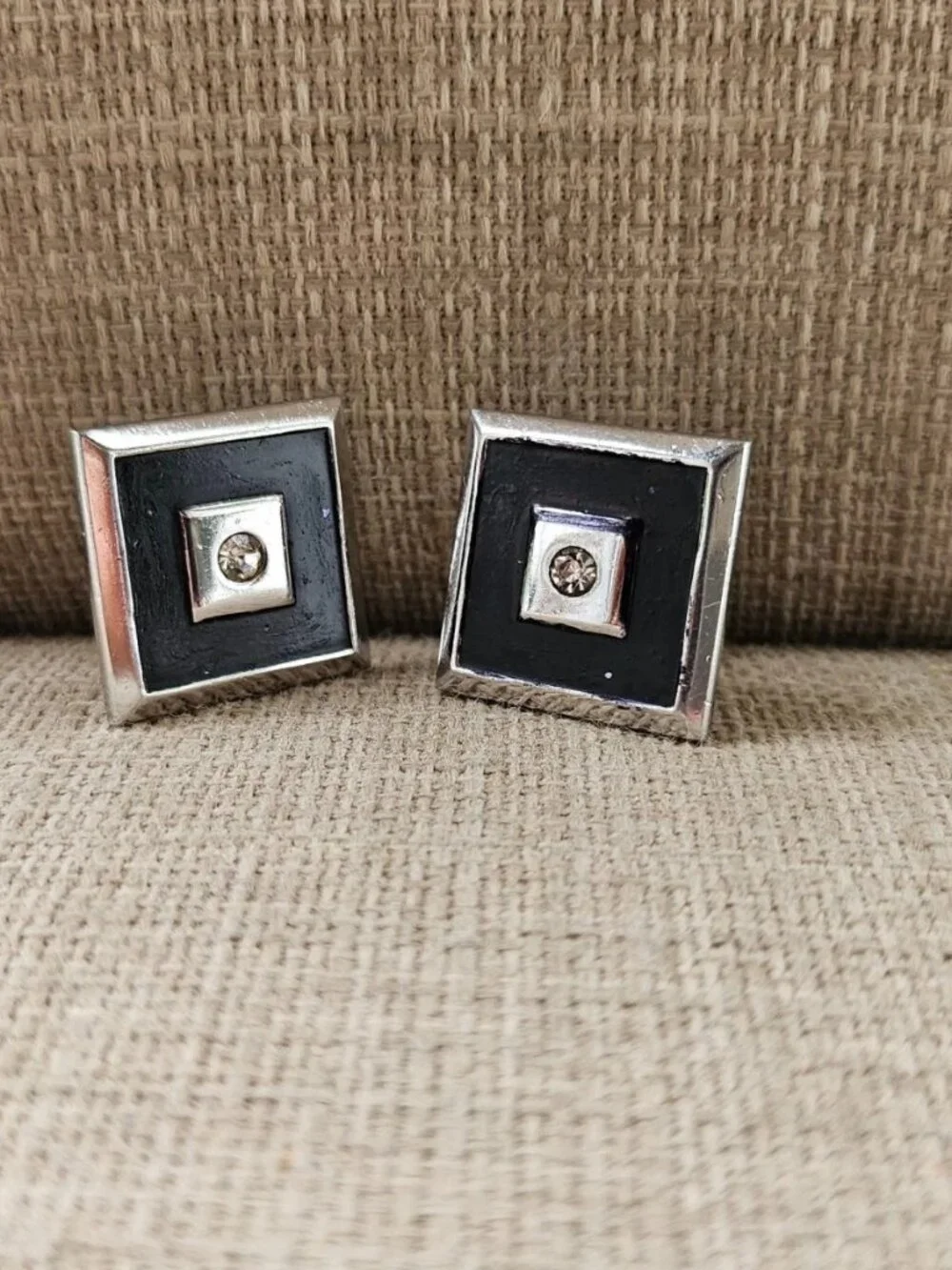Vintage Swank Cufflinks Black/Silver Tone Metal Square Cuff Links Crystal Accent